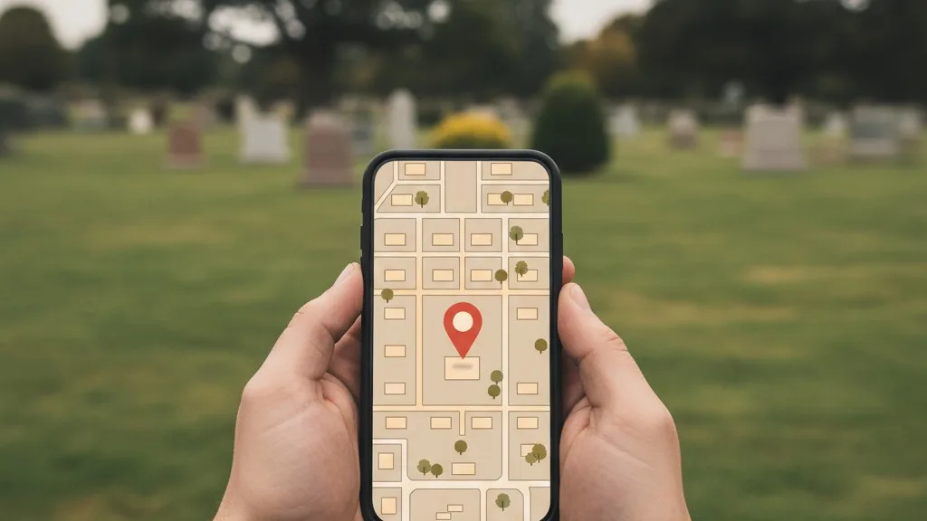 A smartphone shows a digital map with a pin marking a grave location within a cemetery.