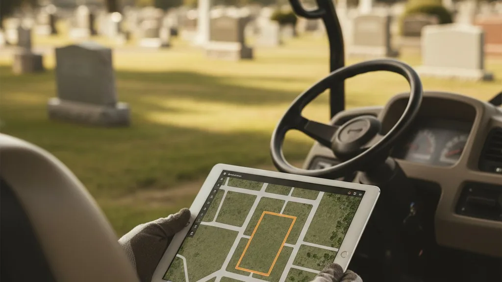A tablet showing a digital cemetery map rests on the seat of a work vehicle on the grounds.