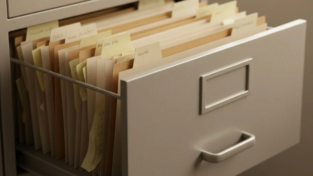 An overflowing filing cabinet drawer filled with messy, unlabeled paper folders.