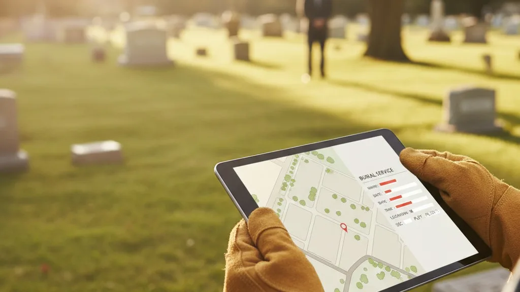 A grounds crew member holds a tablet showing a digital work order in a cemetery.