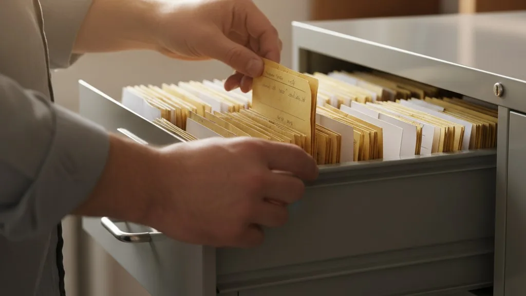 Hands organizing old paper cemetery lot cards into a file drawer.