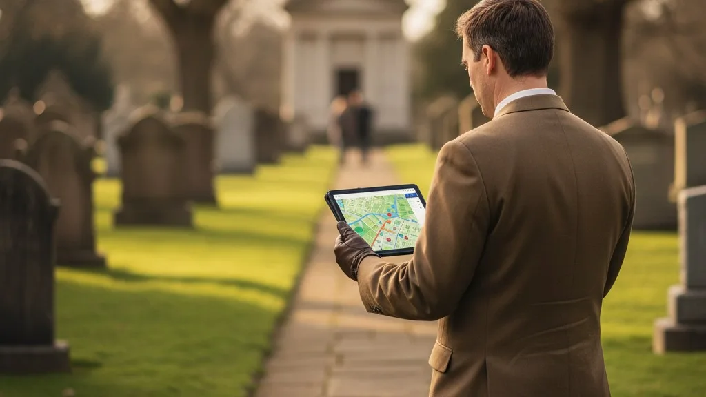 A cemetery worker on the grounds using a tablet to view a digital map.
