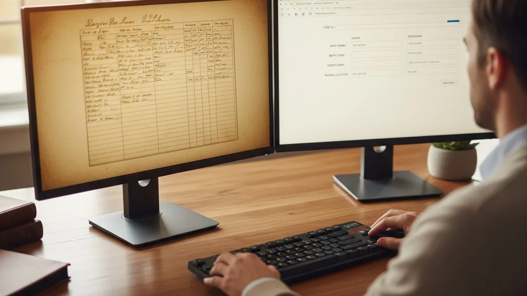 A person doing data entry from a scanned record into cemetery software on a dual-monitor setup.