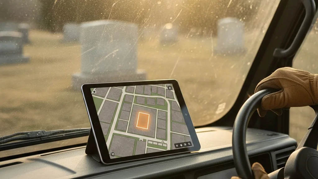 A tablet showing a cemetery map with a specific plot highlighted, seen inside a vehicle.