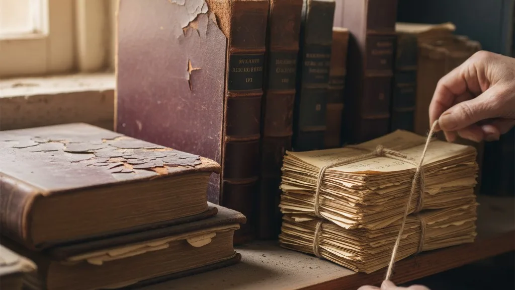 A dusty shelf filled with old cemetery record books and stacks of lot cards.