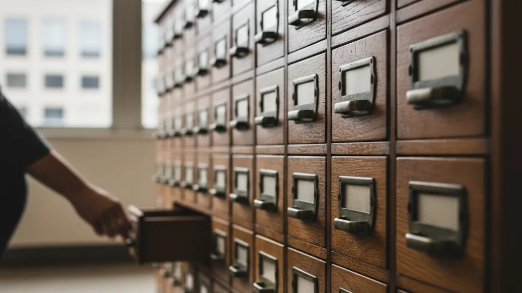 A close-up of an old wooden card catalog file cabinet in a cemetery office.
