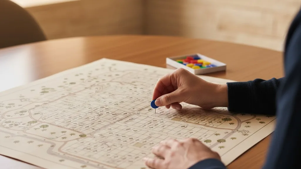 Hands placing a marker pin on a large cemetery map to denote a sold plot.
