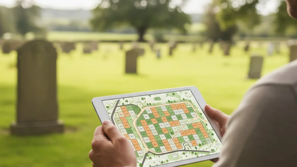 A person holding a tablet showing a digital map of cemetery plots while standing on the grounds.