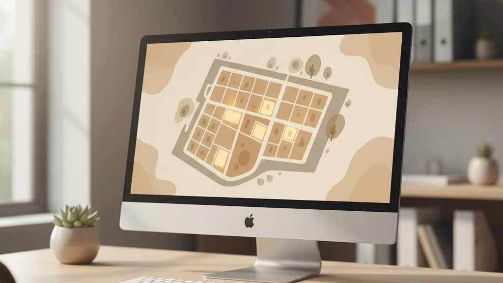 A computer monitor showing a digital cemetery map with available and occupied plots clearly marked.