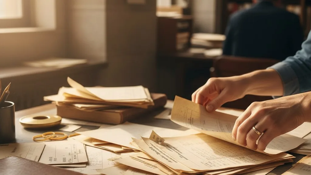 Hands sorting through a disorganized pile of old paper lot cards on a desk.