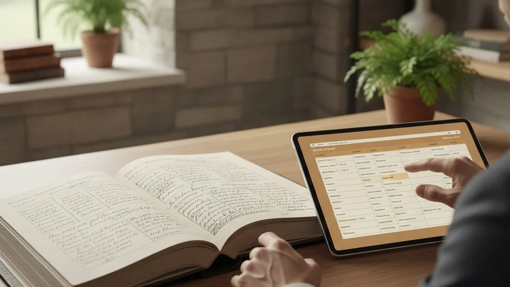 An old paper ledger and a modern tablet side-by-side, both showing cemetery records.