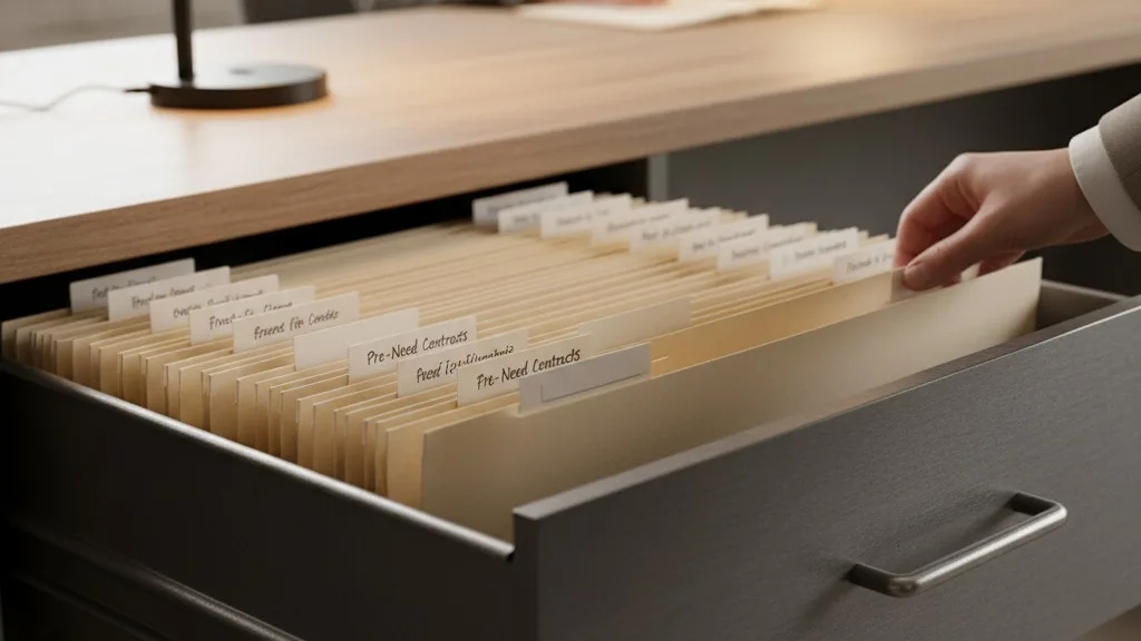 An open file drawer with a folder labeled 'Pre-Need Contracts' pulled forward.