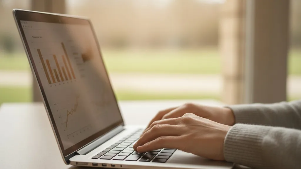 Hands typing on a laptop with financial charts reflected on the screen.