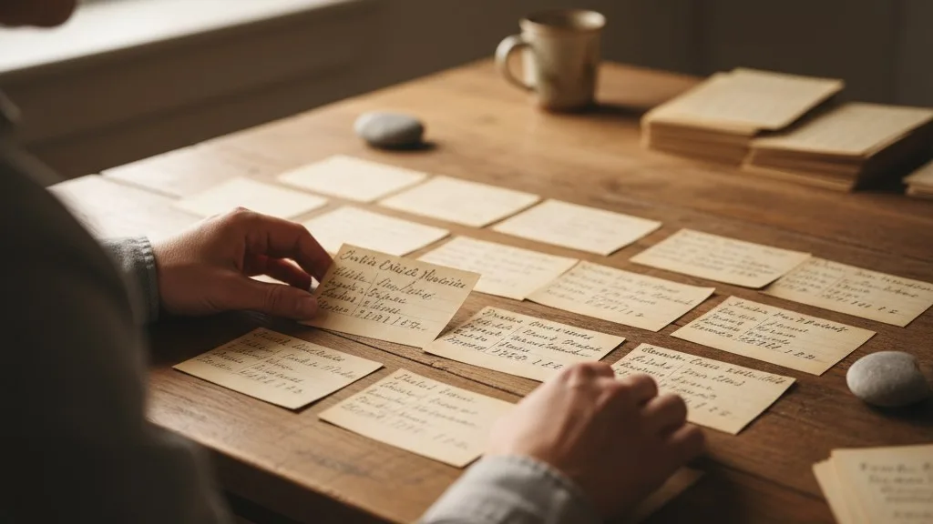 Hands carefully sorting through old, handwritten cemetery lot cards on a table.