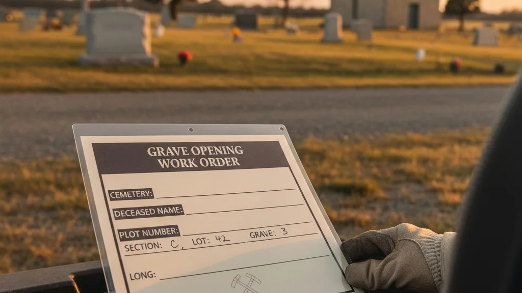 A cemetery work order showing fields for plot number and GPS coordinates.
