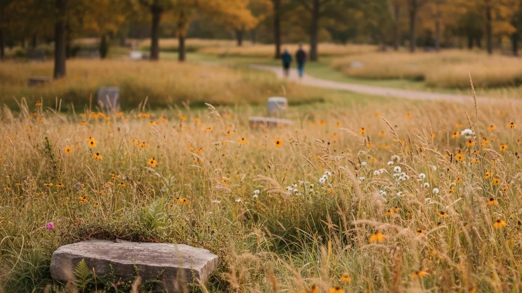 Native grasses and wildflowers in a natural burial section of a cemetery.