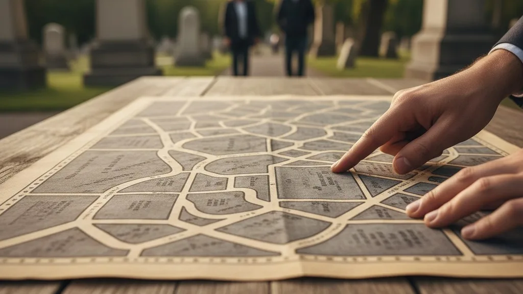 Hands tracing a route to a burial plot on a cemetery map.