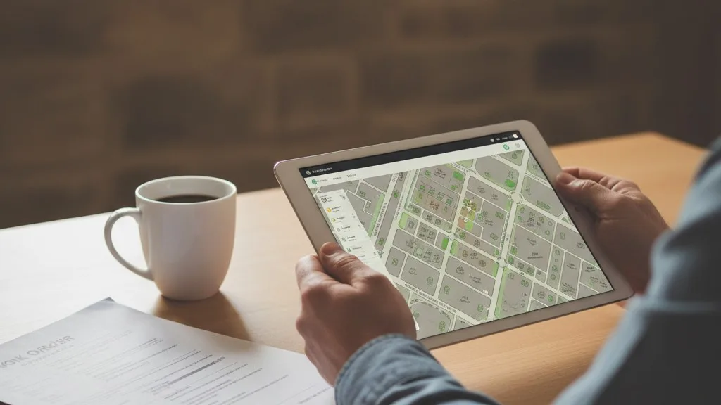 A tablet displaying a digital cemetery map sits on a desk next to a work order and coffee.