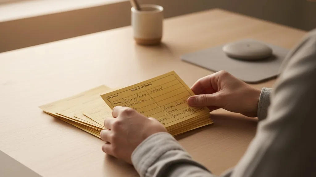 Hands organizing a stack of historic cemetery lot cards on a desk.