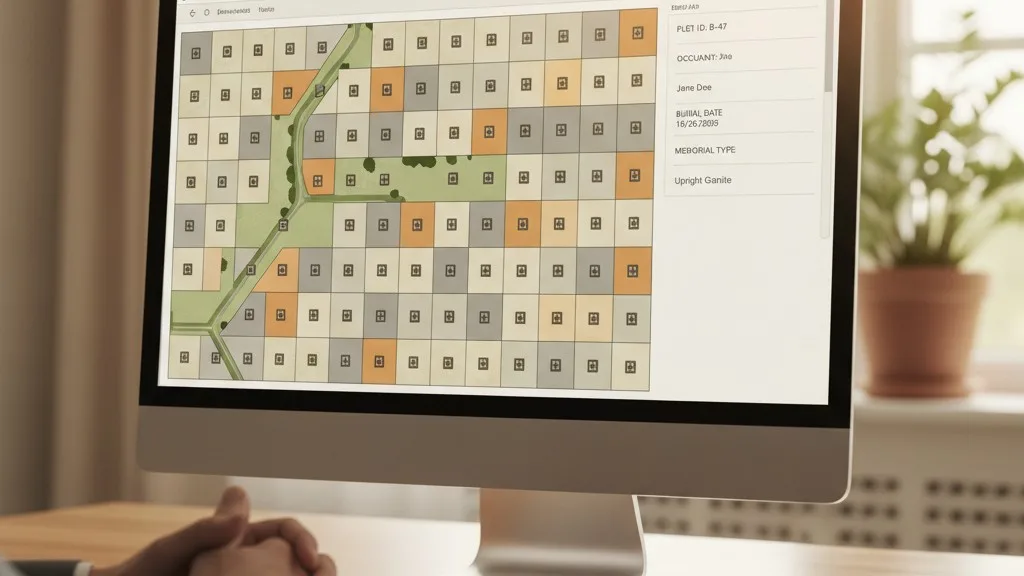 A computer screen showing a unified cemetery management software interface with map and plot information.