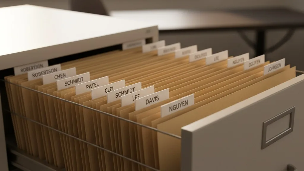 Neatly organized pre-need contract folders in a filing cabinet.