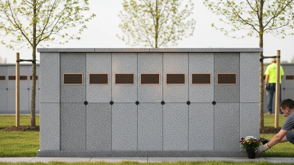 A new granite columbarium wall with some niches occupied, part of a recent cemetery expansion.