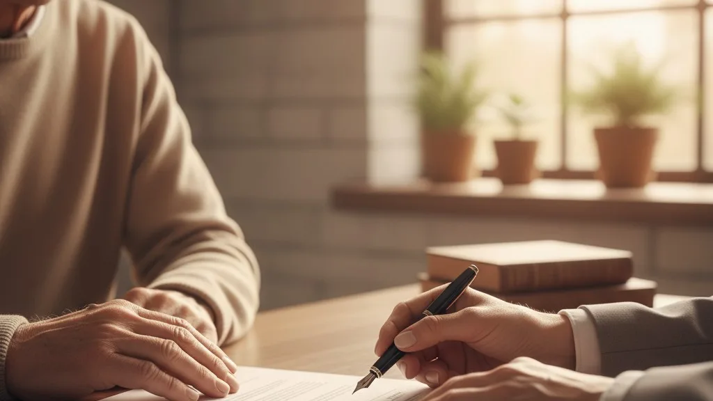 A staff member helps an elderly person sign a document in a quiet cemetery office.