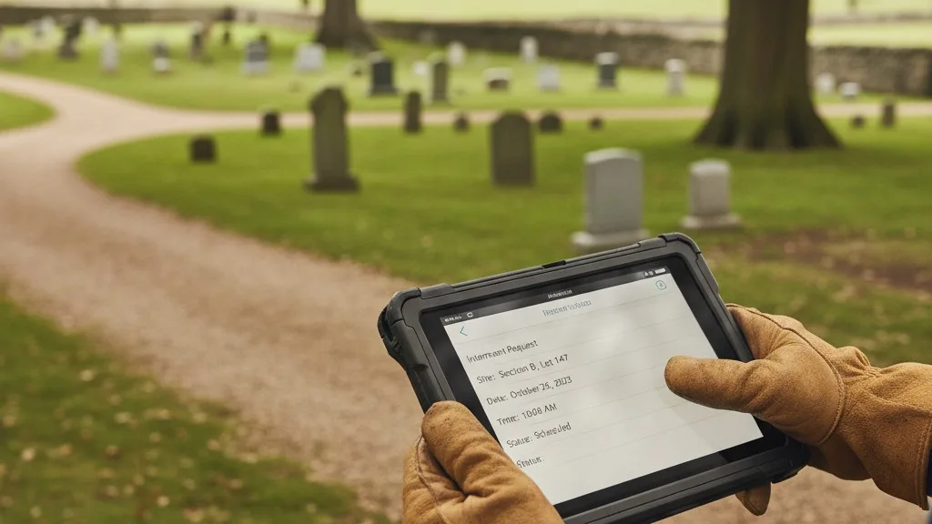 A cemetery groundskeeper reviews a digital work order for an interment on a tablet.