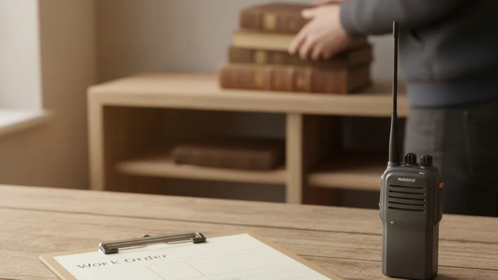 A clipboard with a blank work order form rests on a desk next to a walkie-talkie.