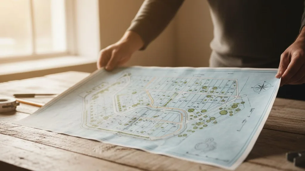 Hands unrolling a blueprint showing the site plan for a new cemetery section.