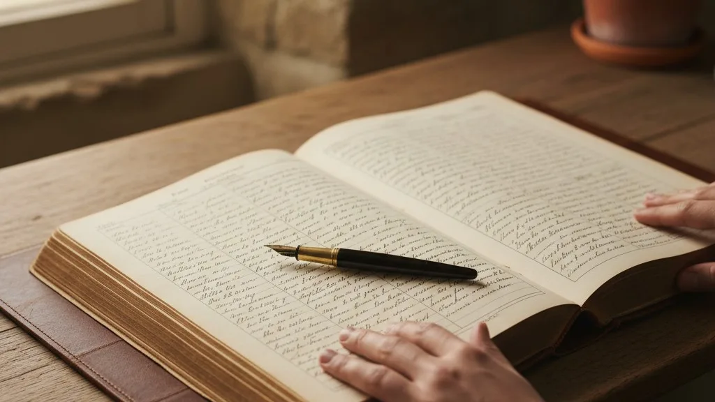 An open ledger book with handwritten entries on a desk.