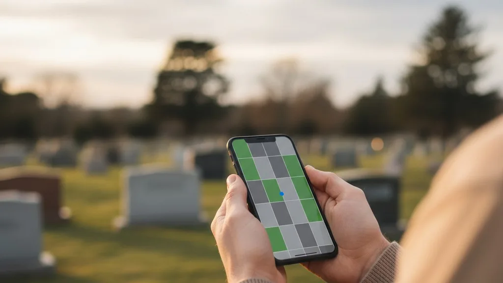 Person using a smartphone to look at a cemetery's online plot map while on the grounds.
