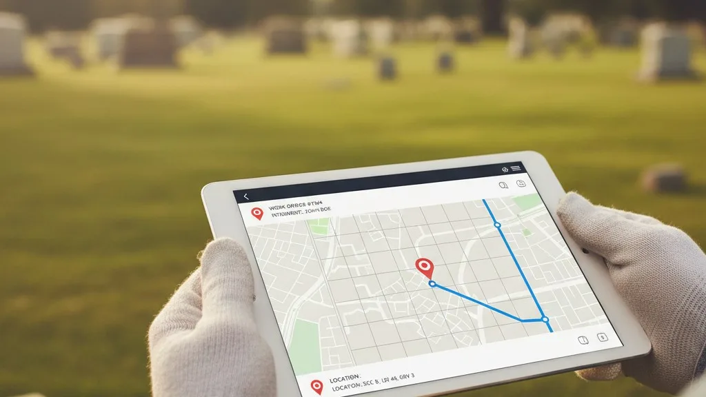 A groundskeeper's hands holding a tablet showing a digital work order and map in a cemetery.