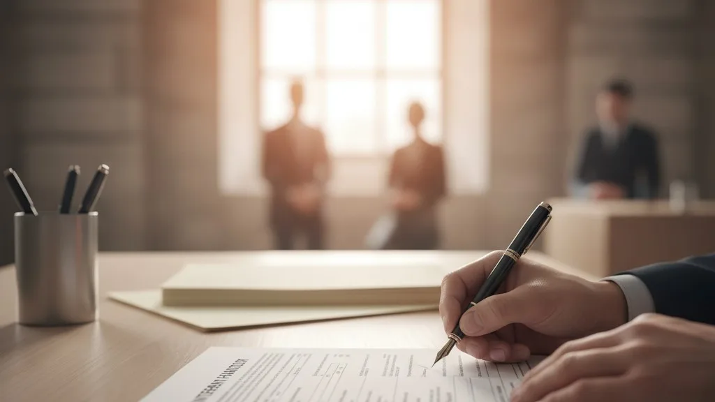 A person signs an interment authorization form at a desk.