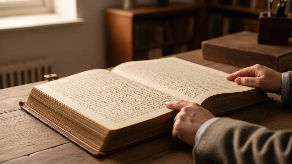 An old, open cemetery ledger with handwritten entries sits on a dark wood desk.