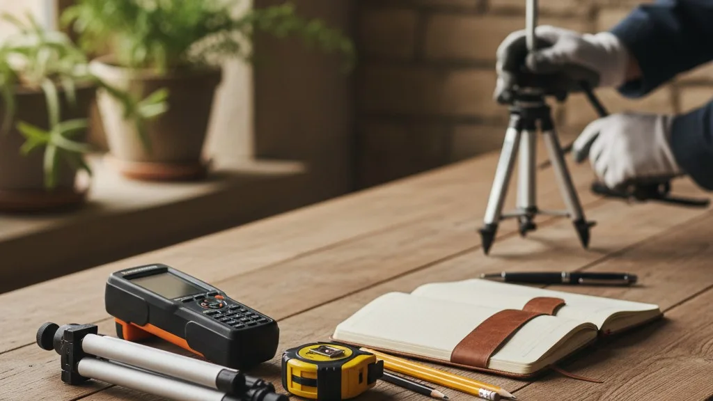 A surveyor's toolkit with a handheld GPS unit on a workbench.