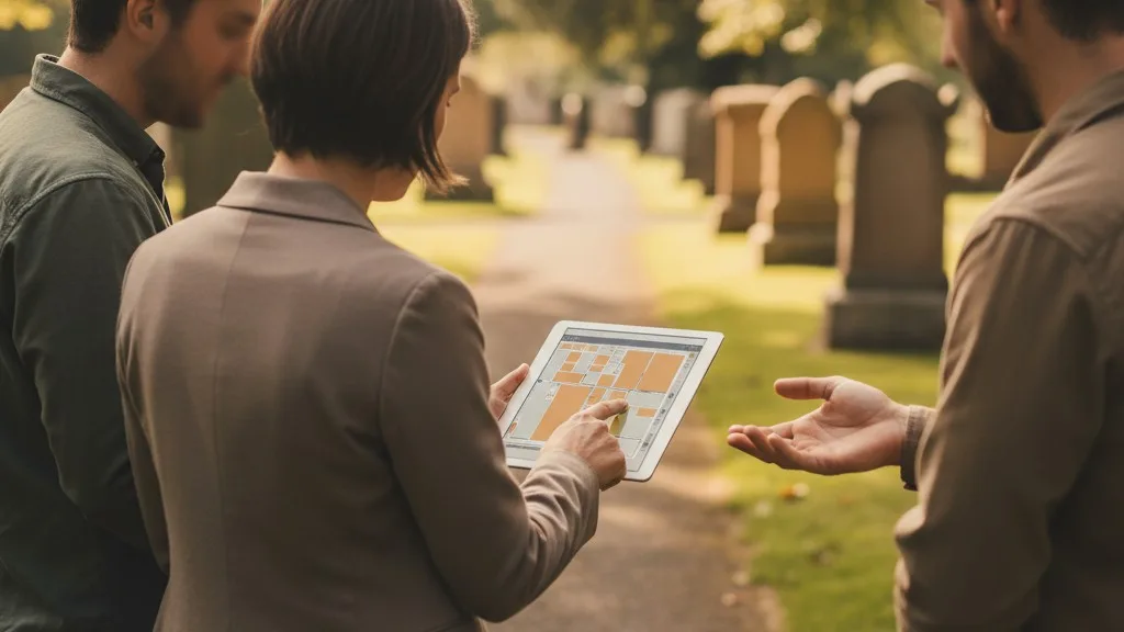 A cemetery staff member showing a family a digital map on a tablet in a green, sunny cemetery.