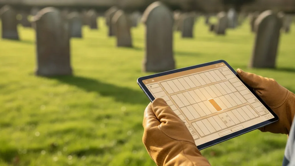 A groundskeeper's hands holding a tablet displaying a digital cemetery map.