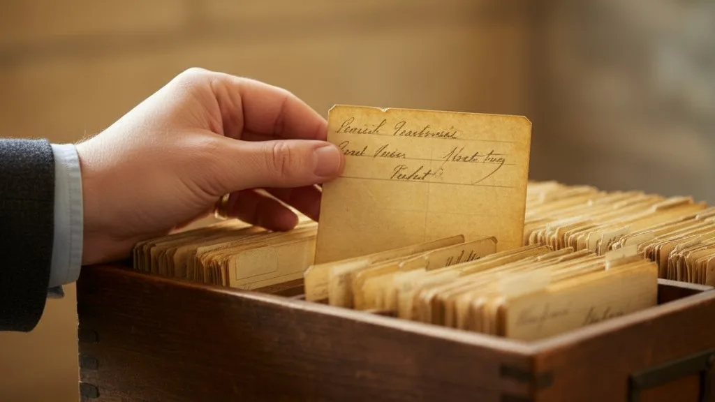 A hand pulling a paper lot card from an old, full index file.