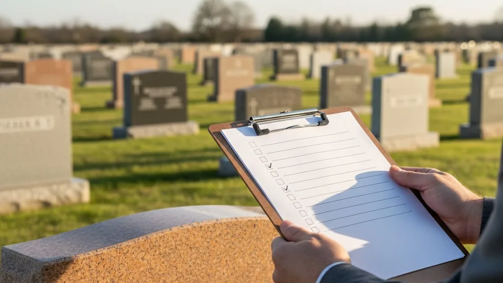 A clipboard and checklist on a headstone, part of a physical ground-truthing survey in a cemetery.