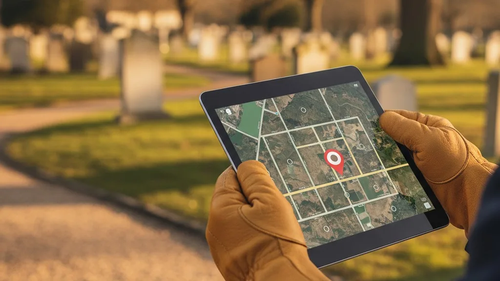 Hands holding a tablet with a cemetery GPS map, indicating a precise grave location.
