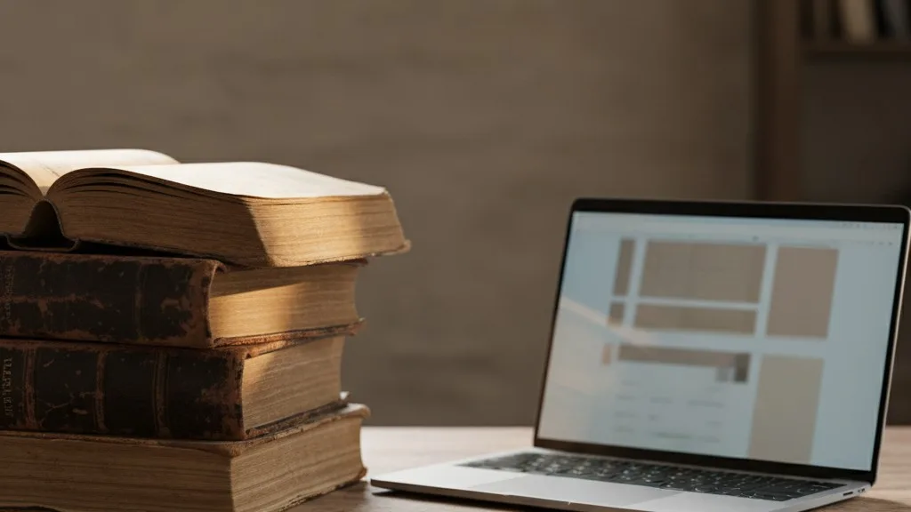 A stack of antique cemetery record books on a desk next to an open laptop.