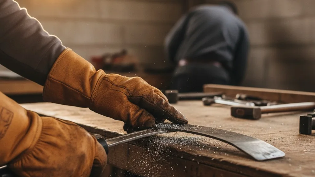 A worker in gloves sharpens a mower blade on a workbench, with tools and parts in the background.
